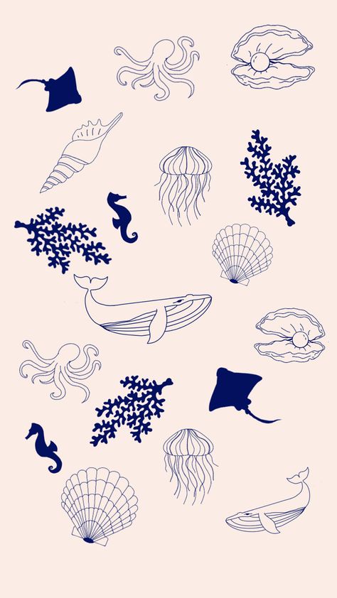 Ocean Pattern Design, Sea Creatures Aesthetic, Sea Mugs, Ocean Creatures Drawings, Sea Creature Wallpaper, Stingray Illustration, Sea Shell Wallpaper, Drawing Sea Creatures, Squid Wallpaper