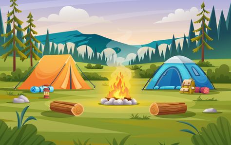 Camping Background, Campfire Drawing, Camping Cartoon, Camping Drawing, Children's Book Layout, Nature Camp, Camping Clipart, Wallpaper Cartoon, Scene Drawing