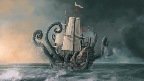 ArtStation - PBS Digital - Monstrum Episode 5 "Kraken attacks ship", Samuel Allan Kraken Monster, Cthulhu Tattoo, Kraken Art, Sea Pirates, The Kraken, Ghost Ship, Ship Drawing, Davy Jones, Dungeons And Dragons Characters