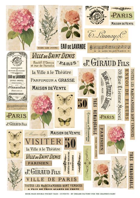 Book Page Tags: Double Pockets! - The Graphics Fairy Vintage Paper Printable, Etiquette Vintage, French Ephemera, Postal Vintage, Scrapbook Printing, Free Vintage Printables, Scrapbook Stickers Printable, Graphics Fairy, Printable Scrapbook Paper