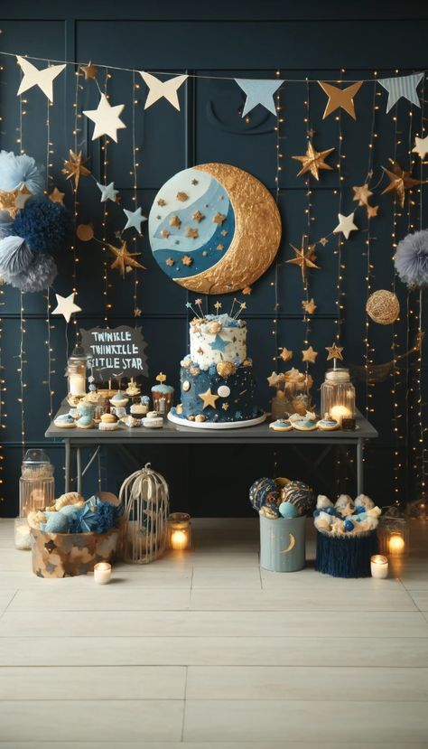 Moon And Star Birthday Theme, Acotar Baby Shower Ideas, Celestial Gender Reveal, Over The Moon Baby Shower Decorations, Celestial Baby Shower Ideas, Star Theme Baby Shower Ideas, Astrology Baby Shower Theme, Magical Baby Shower Theme, Moon And Star Baby Shower Theme