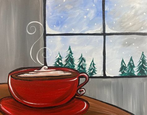 Coffee Painting Ideas For Beginners, Hot Chocolate Painting, Chocolate Painting, Pot Drawing, Cup Painting, Cute Easy Paintings, Winter Artwork, Painting References, Drawing Step By Step