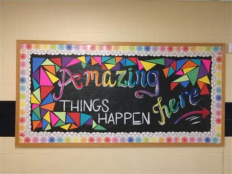 amazing things happen here Amazing Things Happen Here, School Bulletin Board Ideas, Kids Bulletin Boards, Art Bulletin Boards, Art Room Posters, High School Math Classroom, Elementary Art Rooms, Bulletin Board Design, School Board Decoration