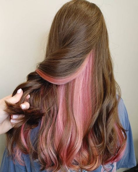 17 Brown Hair Ideas With Black, Blue, Pink and Purple Underneath Light Pink Underneath Hair Dark Brown, Pink And Purple Lowlights, Light Brown Hair With Pink Highlights Underneath, Blond Brown And Purple Hair, Blue And Pink Peekaboo Hair, Peekaboo Highlights For Light Brown Hair, Brown Hair Pink Peekaboo, Pastel Pink Underneath Hair, Light Brown Hair With Pop Of Color