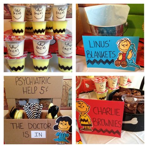 Charlie Brown peanuts birthday party ideas. I used a box to create the cute utensil holder. Charlie Brown Theme Birthday Party, Charlie Brown Snack Ideas, Charlie Brown Christmas Birthday Party, Charlie Brown Party Food, Charlie Brown Christmas Theme Party, Peanuts Themed Party, Charlie Brown Themed Food, Charlie Brown And Snoopy Birthday Party, Charlie Brown Theme Party