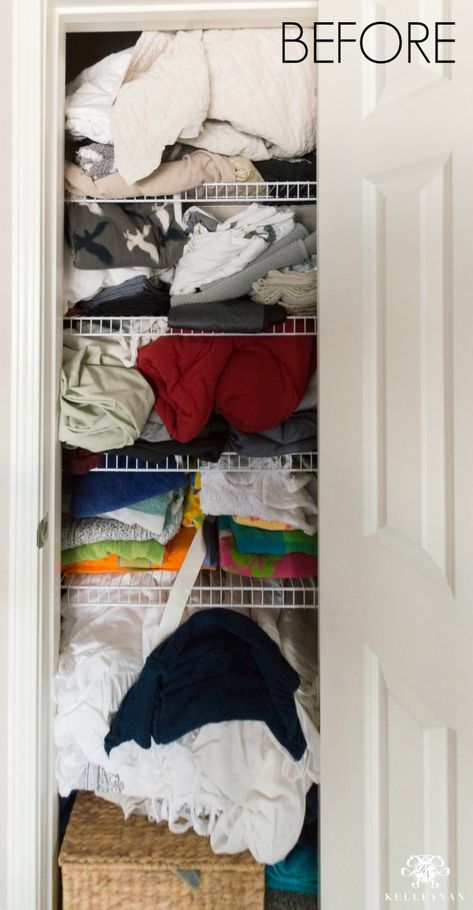 Organize Bedding Linen Closets, Maximize Linen Closet Space, How To Organize Bedding In Closet, Blanket Closet Storage, How To Organize Extra Bedding, Linen Drawer Organization, Large Blanket Storage Closet, Ways To Organize Sheets In Closet, Store Pillows How To