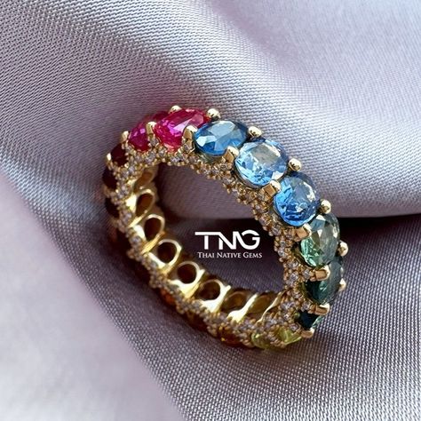 Posting the second piece of jewelry we custom-made for Heather. Just look at this Rainbow beauty! The ring is set with beautiful multi-color sapphires and natural diamonds in 18K yellow gold ring. The multi-sapphires are beryllium heat-treated. . . . #thainativegems #sapphire #rainbow #rainbowring #fancysapphire #multisapphirering #fancysapphirering #gemstones #gemstone #gemstonering #gems #fancy Fancy Sapphire, Rainbow Rings, Multi Sapphire, 18k Yellow Gold Ring, Sapphire Ring, Natural Diamonds, That Look, Multi Color, Sapphire