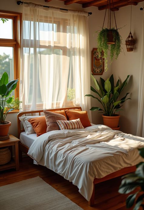 Boho Bedroom with Curtain Lights Boho Bed In Front Of Window, String Light Curtain Behind Bed, Low Light Bedroom Ideas, Boho Bedroom With Curtain Lights, Tall Ceiling Bedroom, Boho Bedroom Fairy Lights, Tall Ceilings Bedroom, Window Above Bed, Boho Style Curtains