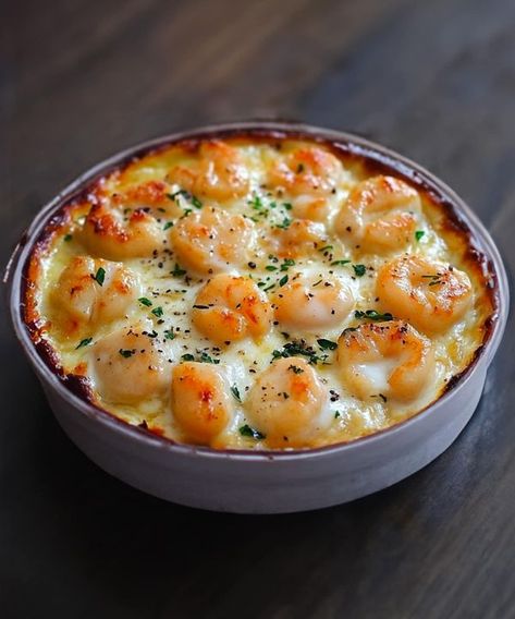 Shrimp Gratin, Quick Lunch Recipes, Juicy Shrimp, Cheesy Sauce, Garlic Shrimp, Saint Jacques, Quick Lunches, How To Cook Shrimp, Creamy Sauce