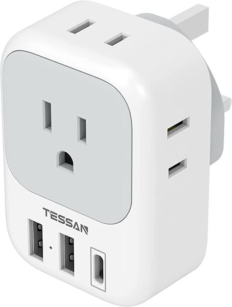 Amazon.com: US to UK Plug Adapter, TESSAN Type G Travel Converter with 3 USB Charger(1 USB C Port), 4 Outlets Power Adaptor for USA to Qatar Ireland Hong Kong England Scotland Kenya Dubai London British : Electronics Power Converters, Travel Adapter, England And Scotland, Power Plug, Adapter Plug, European Travel, Travel Essentials, Iceland, Scotland