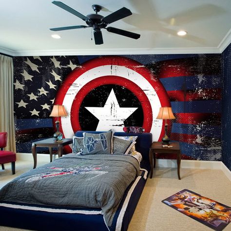 Captain America Bedroom, Outer Space Bedroom Decor, America Bedroom, Outer Space Bedroom, Avengers Bedroom, Marvel Bedroom, Avengers Room, Cool Bedrooms For Boys, Marvel Room