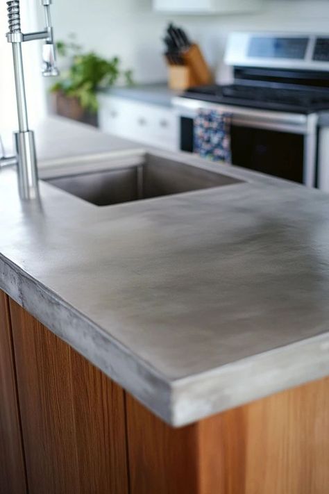 "Bring the sleek, modern appeal of concrete to your home with DIY Concrete Countertops! 🛠️🪨 Perfect for creating a stylish and practical workspace. 🌟✨ #DIYHomeDecor #ConcreteCrafts #IndustrialStyle" Concrete Backsplash Kitchen, Light Concrete Countertops, Diy Cement Countertops, Cement Countertops Kitchen, Kitchen Concrete Counters, Concrete Kitchen Cabinets, Outdoor Kitchen Concrete Countertops, Kombuis Idees, Concrete Countertop Ideas