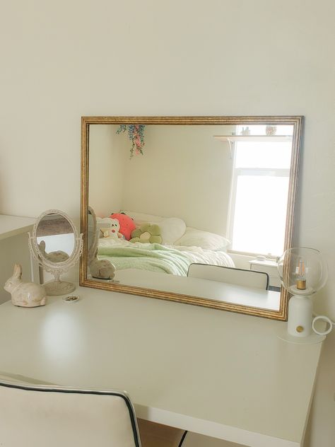 Mirror On Desk Bedrooms, Desk Top Mirror, White And Gold Vintage Bedroom, Gold Desk Mirror, Desk With Mirror On Wall, Dorm Desk Mirror, Mirror Over Desk, Mirror Above Desk, Mirror On Desk