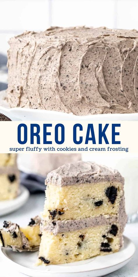 This Oreo cake is fluffy, delicious and perfect for cookies and cream lovers. It has layers of moist vanilla cake with Oreo pieces mixed into the batter. The Oreo frosting is absolutely to die for - super creamy and with the perfect Oreo flavor. This cake is made entirely from scratch and can be made as a 2-layer, 3-layer or 9x13 inch cake. #oreocake #layercake #cookiesandcream #recipe #cookiesandcreamcake from Just So Tasty Cake For Party, Cake With Cookies, Cookies And Cream Frosting, B Day Cake, Moist Vanilla Cake, Layer Cake Recipes, Oreo Recipes, Cake Recipes From Scratch, Oreo Dessert