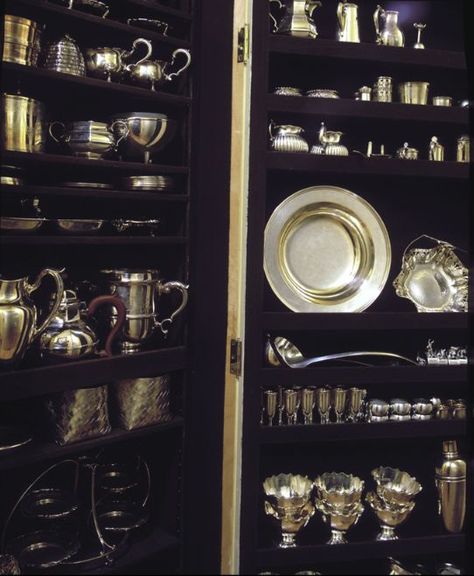 Silver Cabinet from designer Stephanie Stokes' "Elegant Rooms That Work." A shallow closet with single-depth storage created inside and on the door. Built-in ledges keep the pieces in place. Lined in Pacific cloth to protect from tarnish. China Closet Display, Entertaining Closet, Shallow Closet, Silver Closet, Inside Cabinet, Kitchen Butlers Pantry, Silver Display, China Storage, Silver Cabinets