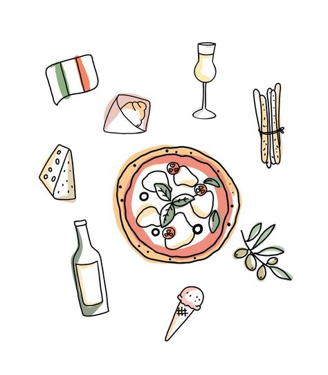 Doodle set of Italian dishes. Drawn icons of products of national Italian cuisine. Italian Doodles, Italian Drawings, Italy Drawing, Italy Sketches, Italian Icons, Italian Things, Rome Food, Drawn Icons, Dream Country