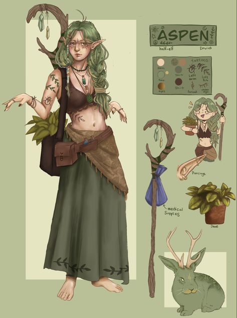 Druid Ideas Dnd, Dnd Druid Tattoo Ideas, Dnd Outfits Inspiration Druid, Boho Character Design, D&d Fairy Character, Cool Dnd Character Ideas, Dnd Character Design Druid, Dnd Cottagecore, Dnd Character Druid