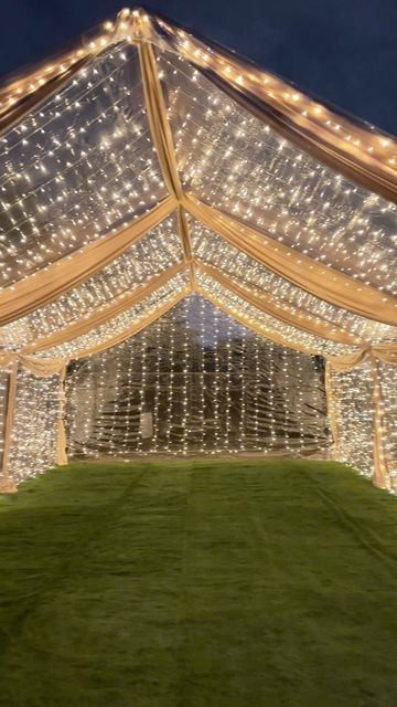 Canopy With Lights Outdoor Party, Tent With Draping And Lights, Outside Party Lights, Twinkle Lights Birthday Party, Lights Party Decorations, 18th Backyard Party, Backyard Tent Birthday Party, Outdoor Tent With Lights, Inside Tent Decorations