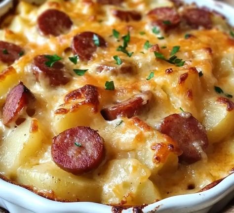 ½ cup of water (might need to add more water as sausage browns. Add ⅛ of a cup Sausage And Potato Bake, Gnocchi Bake, Kielbasa And Potatoes, Smoked Sausage Recipes, Vegetarian Sausages, Kielbasa Recipes, Cheesy Potato Casserole, Kielbasa Sausage, Fresh Potato