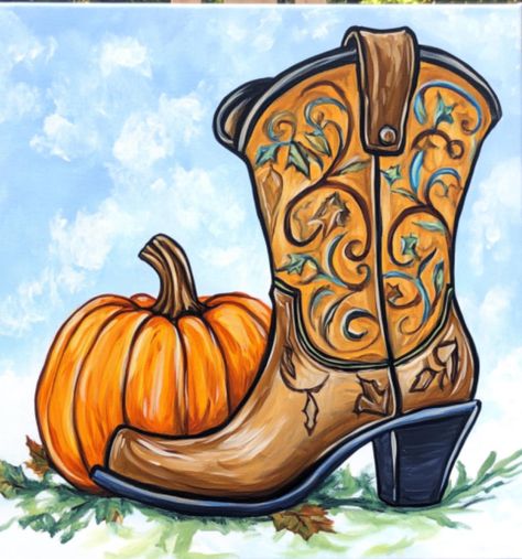 Pumpkin N Boots pre drawn onto a stretched canvas, with wood frame back. Host a Fall paint n sip party. A great canvas for a Thanksgiving activity with family and friends. Paint kit includes canvas, paint, brushes and a disposable apron. Drawing Thanksgiving, Fall Scenery Painting, Thanksgiving Canvas Painting Ideas, Fall Paint Party, Thanksgiving Paint Night Ideas, Thanksgiving Paintings On Canvas Easy Step By Step, Fall Paint And Sip Ideas, Fall Canvas Painting Ideas Couples, November Painting Ideas