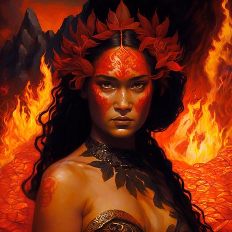 Pele — The Paganista Pele Fire Goddess Hawaii, Pele Goddess Art, Pele Goddess, Goddess Pele, Volcano Goddess, Fire People, Hawaiian Mythology, Goddess Of Fire, Hawaiian Goddess