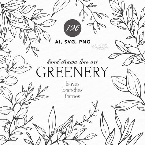 Vines Line Art, Line Drawing Leaves, Ivy Svg, Greenery Drawing, Leaves Botanical Illustration, Leaf Doodle, Ivy Svg Leaves, Hand Drawn Foliage, Vine Clipart Black And White