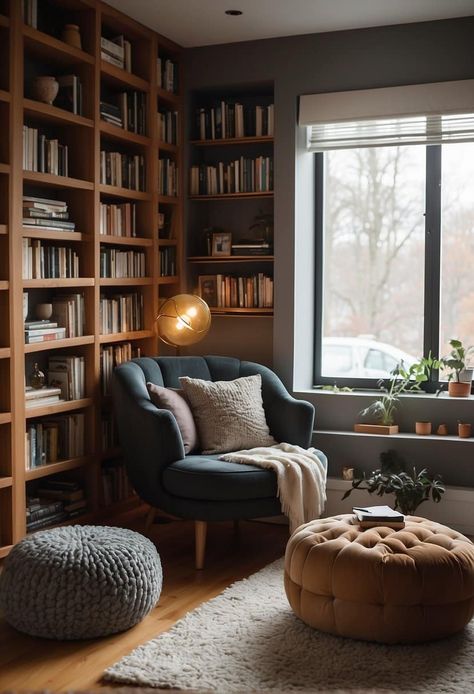 25 Cozy Reading Nook Ideas for Book Lovers Small Cozy Playroom, Reading Corner With Bookshelves, Reading Nook Book Shelves, Masculine Reading Nook, Mens Reading Nook, Book Nook Reading Corner, Reading Nook Apartment Small Rooms, Master Bedrooms Reading Nook, Dark Moody Reading Nook