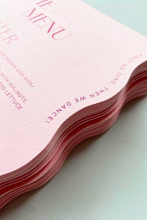 Wavy edge wedding menus printed on pastel pink card. Designed by @notesstudiouk Wavy Invitation, Birthday Party Menu, Dinner Party Table Settings, Event Stationery, Funky Wedding, Menu Designs, Pastel Theme, Pj Party, Menu Printing