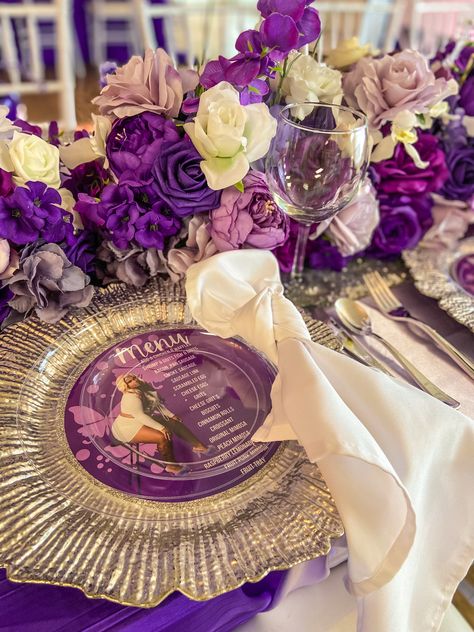 #purple #party #dinnerideas #dinnerpartyideas #floral #purpleflorals Shades Of Purple Table Decor, Purple And Gold Dinner Party, Purple And Gold Table Decor, 30 Shades Of Purple Party, 50 Shades Of Purple Party Ideas, Purple Dinner Party Decor, Purple Brunch Decor, Purple 40th Birthday Decorations, Purple 60th Birthday Party Ideas