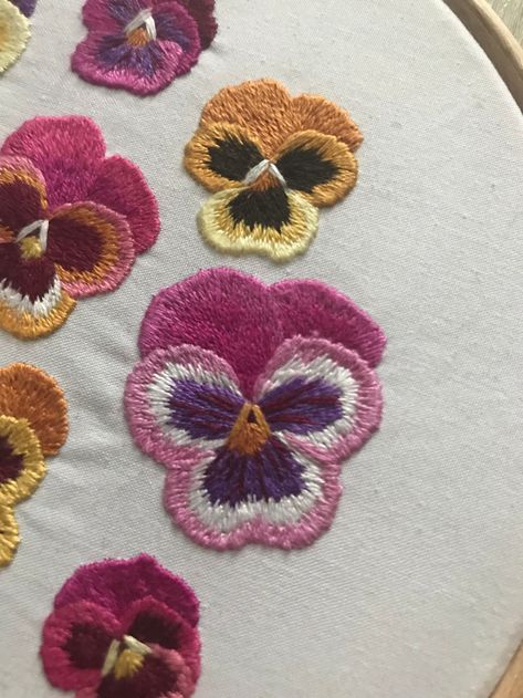 Pansies embroidery hoop — I Want To Be A Turtle Petunia Embroidery, Punch Needle Clothes, Embroidery Pansies, Pansies Embroidery, Embroidery Pansy, Embroidered Pansies, Pansy Embroidery, Purple Embroidery, Long And Short Stitch