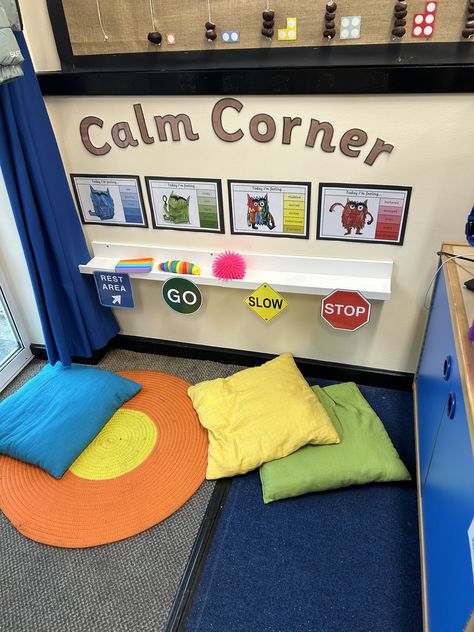 Relax Corner Classroom, Kindergarten Classroom Calming Corner, Toddler Cozy Corner Classroom, Quiet Corner Classroom Preschool, Preschool Calm Down Corner Ideas, Sensory Wall Classroom, Special Needs Preschool Classroom Setup, Infant Daycare Room Ideas Classroom, Calm Down Area In Classroom Cozy Corner