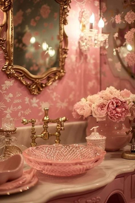 Pink Rose Bedroom Ideas, Velvet House Decor, Pink Rose Bathroom, Feminine Bathrooms, Rococo Bathroom, Girly Apartment Ideas, Girly House, Feminine Home Decor, Feminine Bathroom