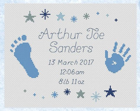 New Baby Cross Stitch, Cross Stitch Birth Announcement, Baby Cross Stitch, Birth Announcement Cross, Birth Sampler, Baby Handprint, Baby Cross Stitch Patterns, Custom Cross, Birth Details