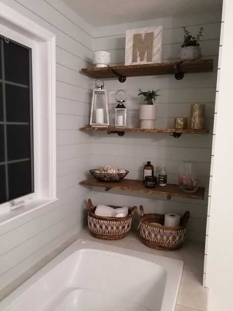 Bathroom Decor Big Master Bath, Bathroom Shelves Over Tub Master Bath, Bathroom Floating Shelves Above Bathtub, Bathroom Floating Shelves Over Tub, Over The Bathtub Decor, Bathtub Shelf Decor, Floating Shelves Above Bathtub, Bathroom Decor Above Tub, Floating Shelves Above Tub