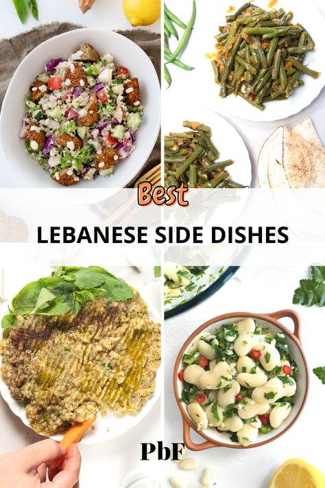 a collage of different authentic lebanese side dishes Lebanese Sides, Lebanese Recipes Authentic, Vegan Lebanese, Lebanese Salad, Braised Greens, Greek Foods, Popular Dishes, Middle Eastern Dishes, Vegan Side Dishes