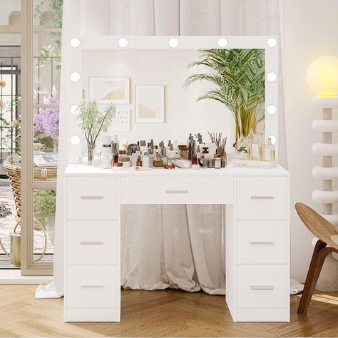 Bedroom Vanity Desk, White Vanity Desk, Dressing Table With Drawers, Table Makeup, Elegant Vanity, Drawers Bedroom, Vanity Benches, Color Lighting, Makeup Desk