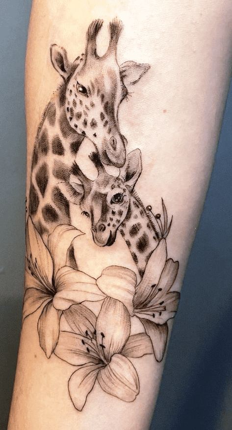 Jungle Animal Tattoos For Women, Realistic Giraffe Tattoo, Jungle Animals Tattoo, Giraffe Tattoo With Flowers, Giraffe Tattoos For Women, Baby Giraffe Tattoo, Giraffe Tattoo Design, Rhino Tattoos, Small Giraffe Tattoo