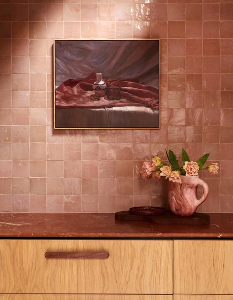 Beach Shack Living Room, Living Room Transformation, Marble House, 70s Home, Kitchen Redesign, Kitchen Transformation, Pink Tiles, Zellige Tile, Glass Wall Lights