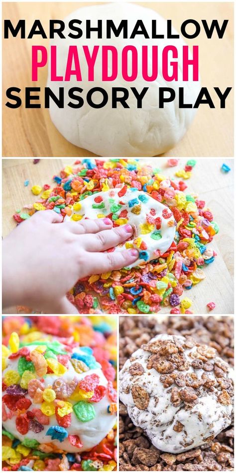 Sensory Play Marshmallow Play Dough recipe for Mini Chef Mondays! Easy DIY Craft fun for kids using Cocoa and Fruity Pebbles Breakfast Cereal. via @CourtneysSweets Marshmallow Sensory Bin, Fruity Pebbles Breakfast, Marshmallow Playdough, Marshmallow Activities, Edible Sensory, Play Dough Recipe, Diy Playdough, Pebbles Cereal, Cooking Theme