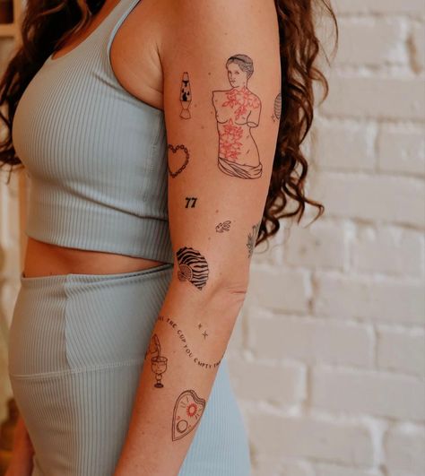 Patchwork, Tattoo Sleeve Sticker Style, Minimal Arm Sleeve Tattoo, Minimal Tattoo Sleeve Woman, Minimal Sticker Sleeve, Female Sticker Sleeve Tattoo, Patchwork Sleeve Placement, Sticker Sleeve Tattoo Placement, Sticker Sleeve Inspiration