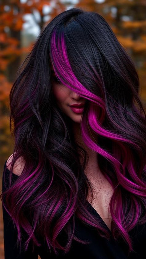 10 Bold Halloween Hair Color Trends to Love Dark Hair Vivid Colors, Cool Color Hair Ideas, Winter Vivid Hair Color, Hair Color Ideas For Long Hair, Dark Hair With Color, Vivid Red Hair Color, Hair Color Ideas For Brown Hair, Spooky Hair Color, Fall Vivid Hair Color