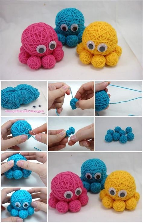 Octopus Crafts, Yarn Animals, Easy Yarn Crafts, Sewing Easy, Yarn Dolls, Diy Yarn, Diy Yarn Crafts, Pom Pom Crafts, Lace Weight Yarn