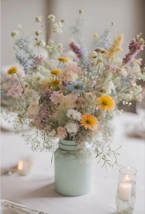 Pretty pastel wild flower wedding flowers centre piece 🌺 Sage Green And Wildflowers Wedding, Pastel Boho Wedding Decor, Soft Wildflower Wedding, Wild Flower Wedding Decorations, Wild Flower Wedding Centerpiece, Vintage Pastel Aesthetic, Pastel Wildflower Wedding, Flower Theme Wedding, Botanical Wedding Decor