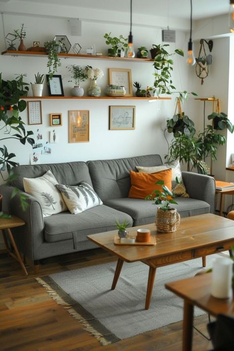 Apartment Inspo Grey Couch, Mid Century Modern Grey Couch, Eclectic Living Room Gray Couch, Grey Couch Mid Century Living Room, Grey Sofa Mid Century Modern, Living Room Retro Vintage, Boho Chic Living Room Grey Couch, Mid Century Modern Living Room Grey Sofa, Grey Couch Living Room Ideas Color Schemes