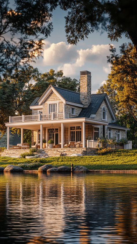 Title: Enchanting Riverside Cottage with a Porch that Wraps Around Traditional Lake House, Cottage Lake House, Riverside Cottage, Cozy Nooks, Cottage Lake, Peaceful Living, Cozy Nook, Design Luxury, Lake House