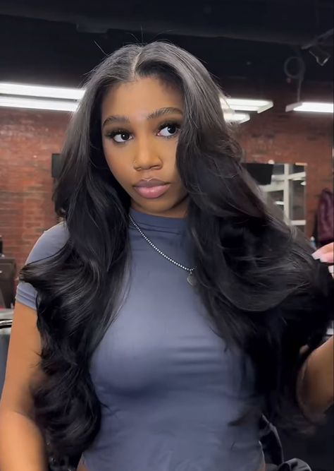 Long Layers Weave Black Women, Straight Hair Styles For Black Women, Middle Part Loose Waves Sew In, Thick Sew In, Sew In Weave With Closure Styles, See In With Layers, Jet Black Sew In Weave Middle Part, Bus Down Middle Part Wig, Minimal Leave Out Sew In