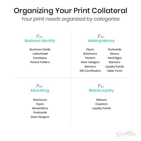 Organizing Your Print Collateral: One of the most important factors to consider when developing your print marketing collateral strategy is which assets you’ll need and when you’ll need them.   #printmarketing #advertising #branding #printdesign #smallbusiness #localmarketing Print Marketing Ideas, Company Mood Board, Organized Business, Small Business Essentials, Communication Plan, Action Plan Template, Print Marketing, Word Of Mouth Marketing, Brand Collateral