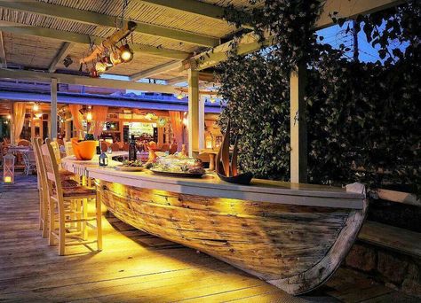 Greek seafood tavern in Crete, Greece! Boat Bar Ideas, Boat Restaurant, Boat Furniture, Boat Bar, Living Pool, Greek Decor, Tiki Bar Decor, Coastal Room, Kuantan