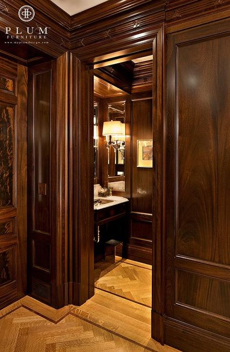 mahogany paneled bathroom - there's an interior for you... Mahogany Interior Design, Mahogany Walls, Paneled Bathroom, Mahogany Room, Classic Interior Decor, Mahogany Interior, Paneled Walls, Mahogany Paneling, Mahogany Doors