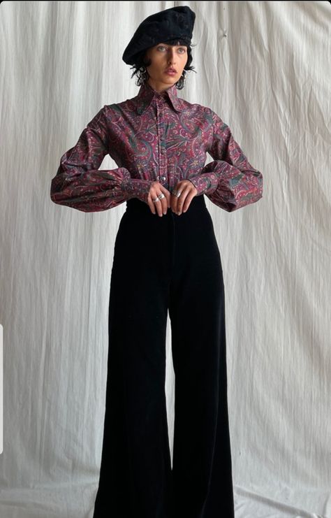 70s Button Up Shirt Outfit, Groovy Brunch, Puffy Sleeves Blouse Outfit, Jewel Aesthetic, 70s Workwear, Blue Blouse Outfit, Location Photoshoot, Puffy Sleeve Shirt, Puffy Sleeves Blouse